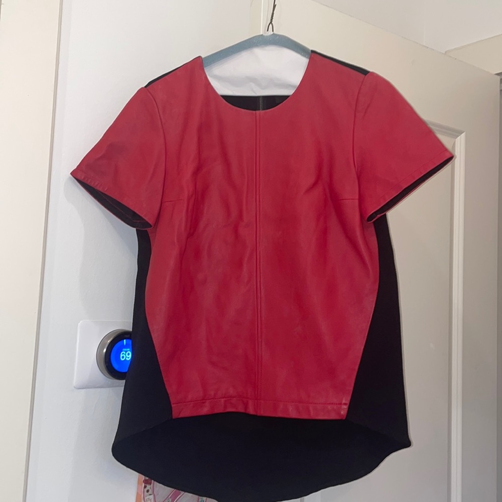 Red faux leather shirt